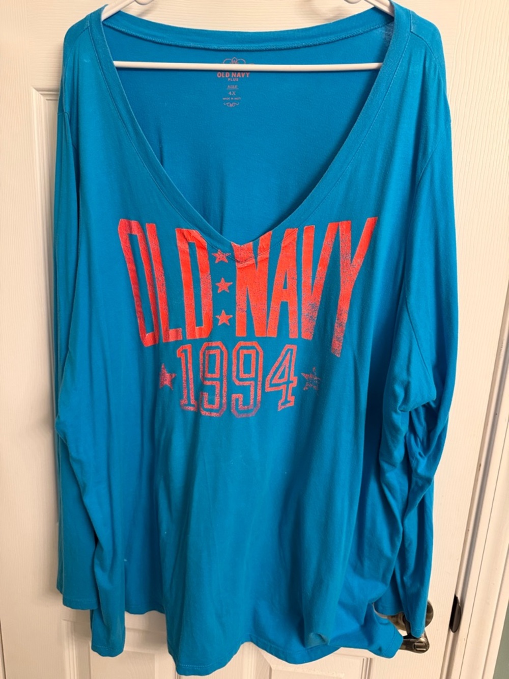 Old Navy Bright Teal V-Neck Graphic Top with Coral Logo